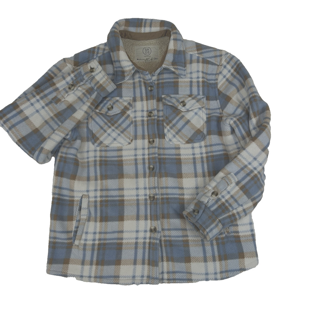 Sage Collective Womens Sz Medium Blue Flannel Jacket Shacket Plaid‎ Fleece Lined